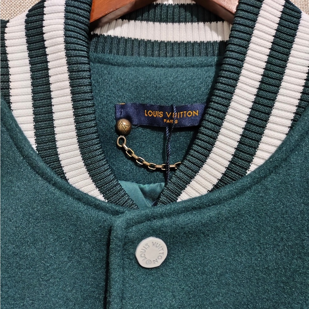 Louis Vuitton-Inspired Green Varsity Jacket with Brown Monogram Sleeves - Picture 5 of 11